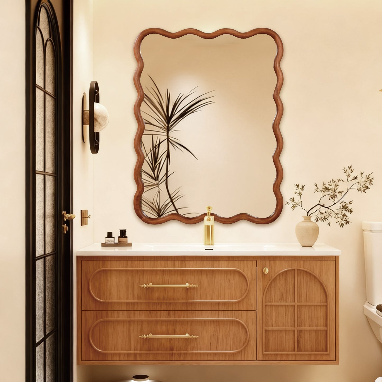 VanityFus 40-in W 30-in H Wavy Rectangle Yellowish-Brown Framed Beveled Bathroom Vanity Mirror Wall Mirror
