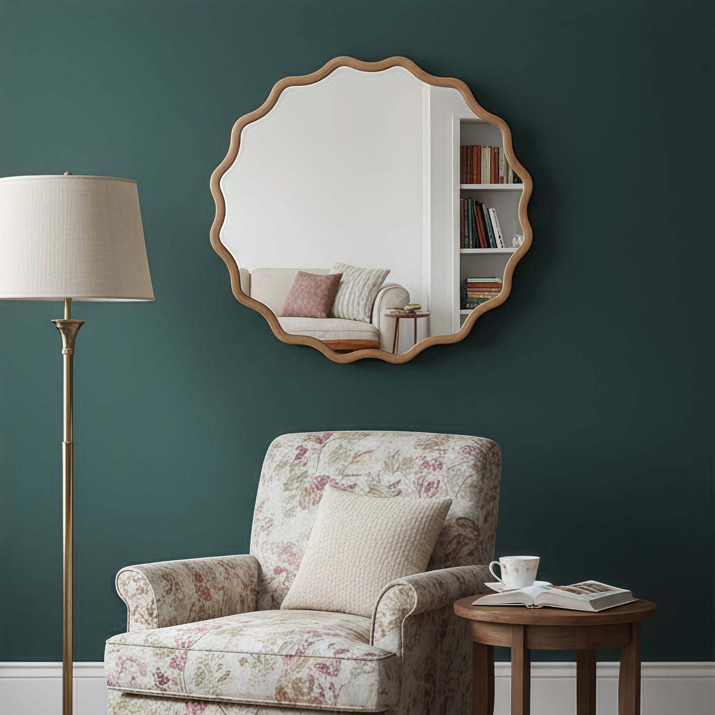 VanityFus 36-in W 36-in H Wavy Round Natural Wood Framed Beveled Bathroom Vanity Mirror Wall Mirror