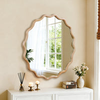 VanityFus 36-in W 36-in H Wavy Round Natural Wood Framed Beveled Bathroom Vanity Mirror Wall Mirror