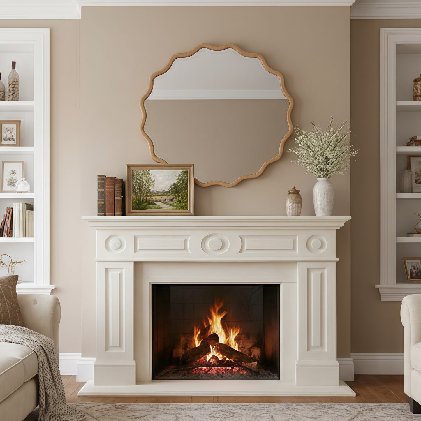 VanityFus 36-in W 36-in H Wavy Round Natural Wood Framed Beveled Bathroom Vanity Mirror Wall Mirror