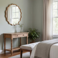 VanityFus 36-in W 36-in H Wavy Round Natural Wood Framed Beveled Bathroom Vanity Mirror Wall Mirror
