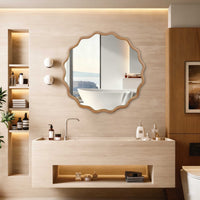 VanityFus 36-in W 36-in H Wavy Round Natural Wood Framed Beveled Bathroom Vanity Mirror Wall Mirror
