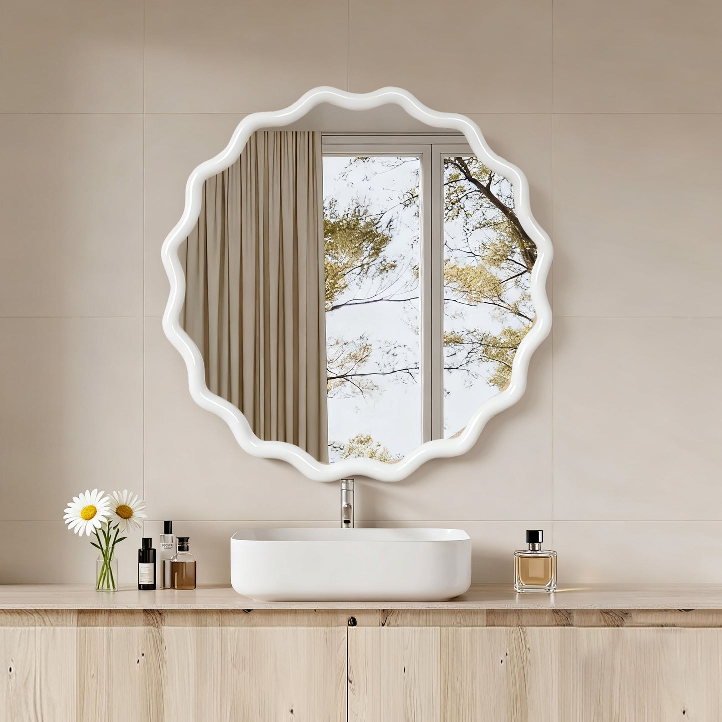 VanityFus 30-in W 30-in H Wavy Round White Framed Beveled Bathroom Vanity Mirror Wall Mirror