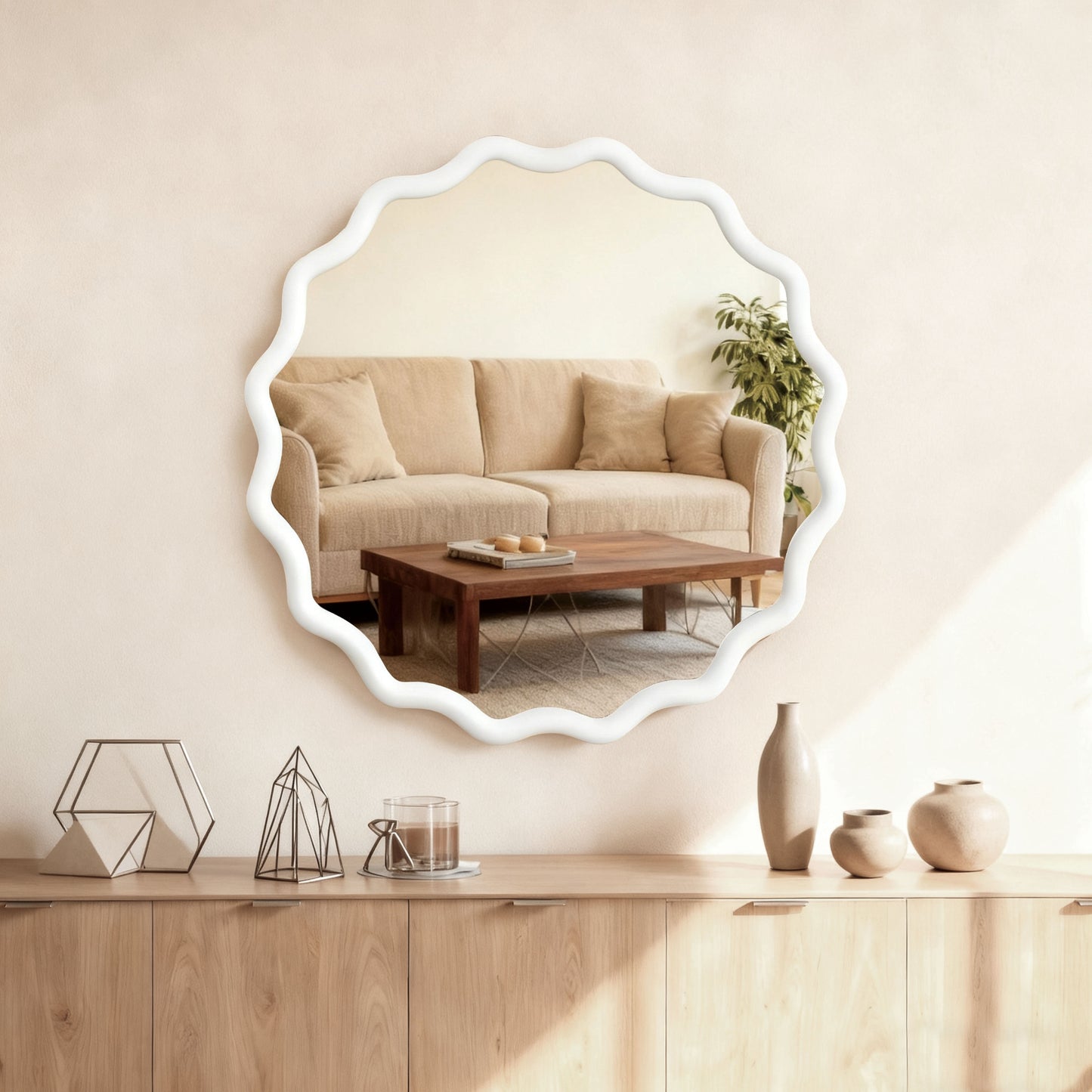 VanityFus 30-in W 30-in H Wavy Round White Framed Beveled Bathroom Vanity Mirror Wall Mirror