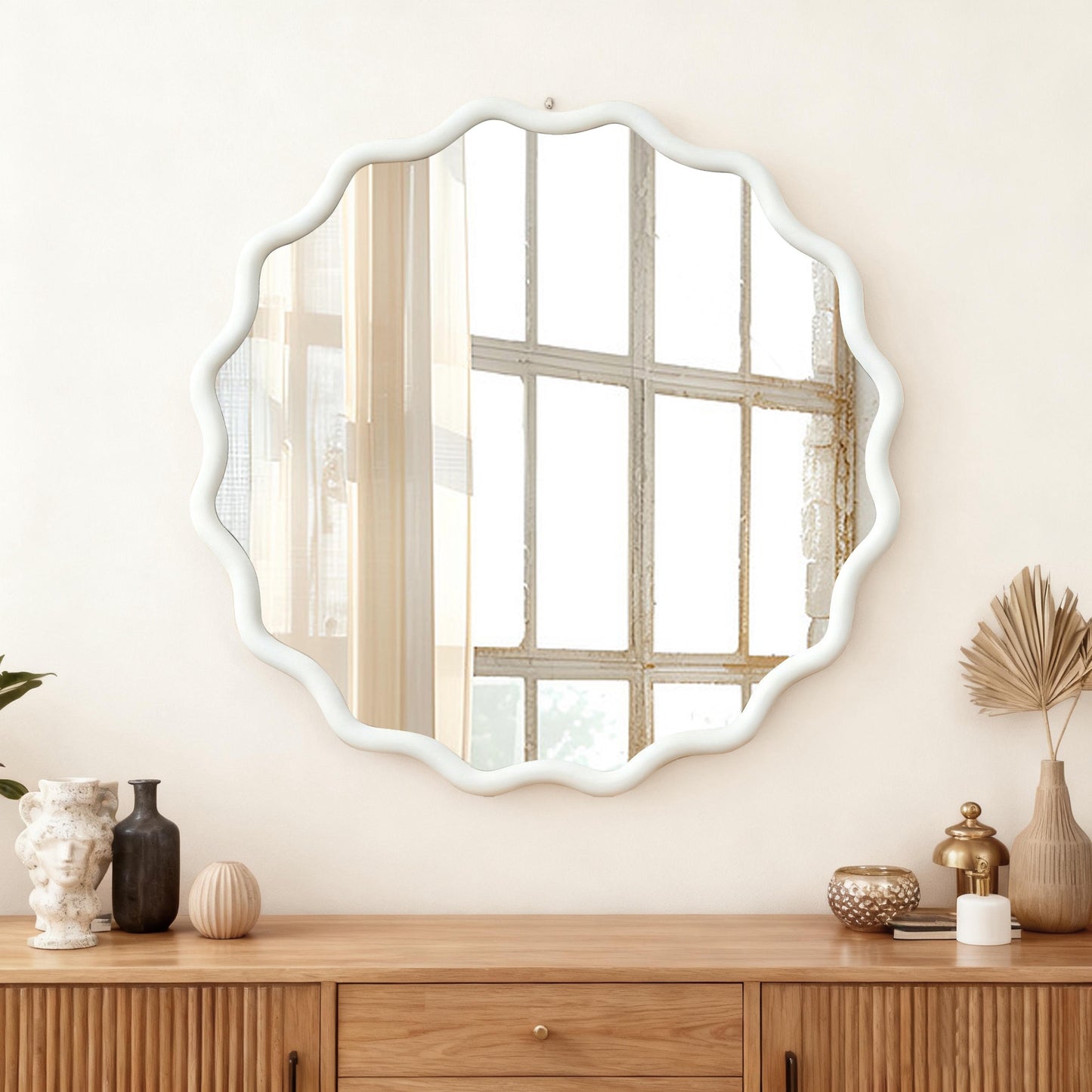 VanityFus 30-in W 30-in H Wavy Round White Framed Beveled Bathroom Vanity Mirror Wall Mirror