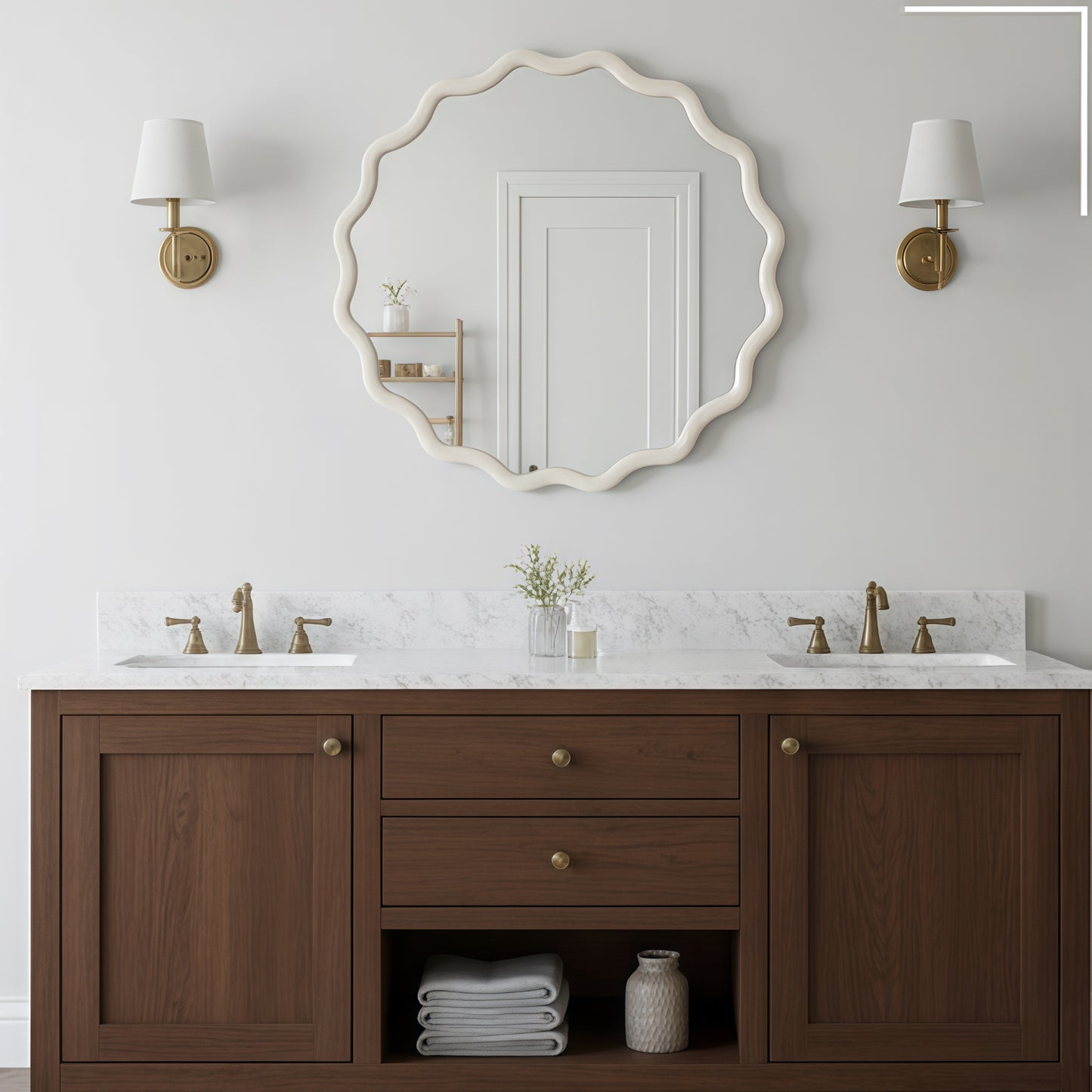 VanityFus 30-in W 30-in H Wavy Round White Framed Beveled Bathroom Vanity Mirror Wall Mirror