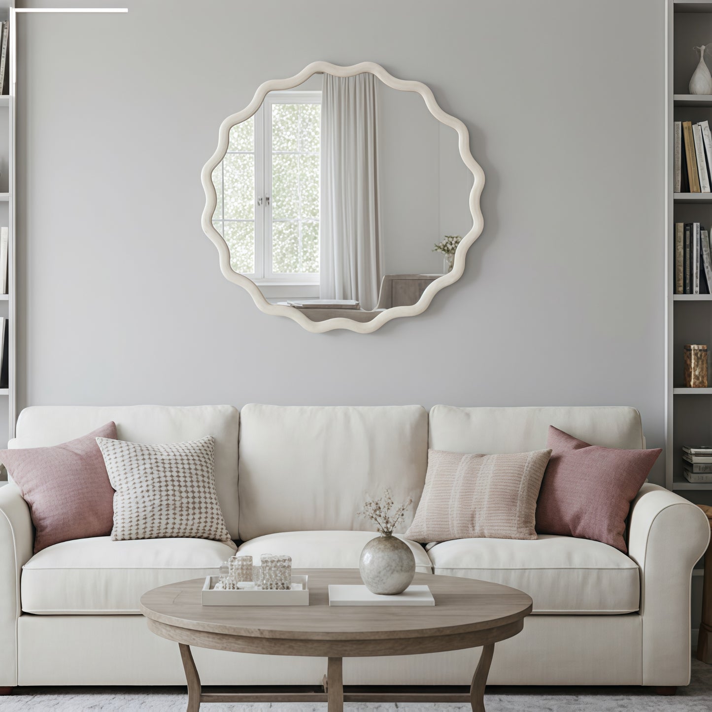 VanityFus 30-in W 30-in H Wavy Round White Framed Beveled Bathroom Vanity Mirror Wall Mirror