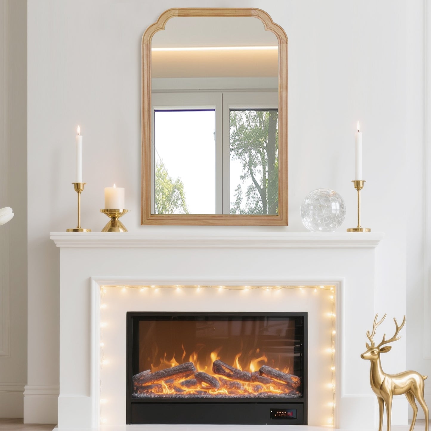 VanityFus 30-in W 20-in H Arch Natural Wood Framed Beveled Bathroom Vanity Mirror Wall Mirror