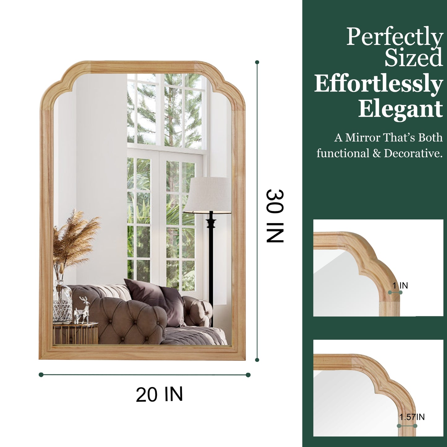 VanityFus 30-in W 20-in H Arch Natural Wood Framed Beveled Bathroom Vanity Mirror Wall Mirror