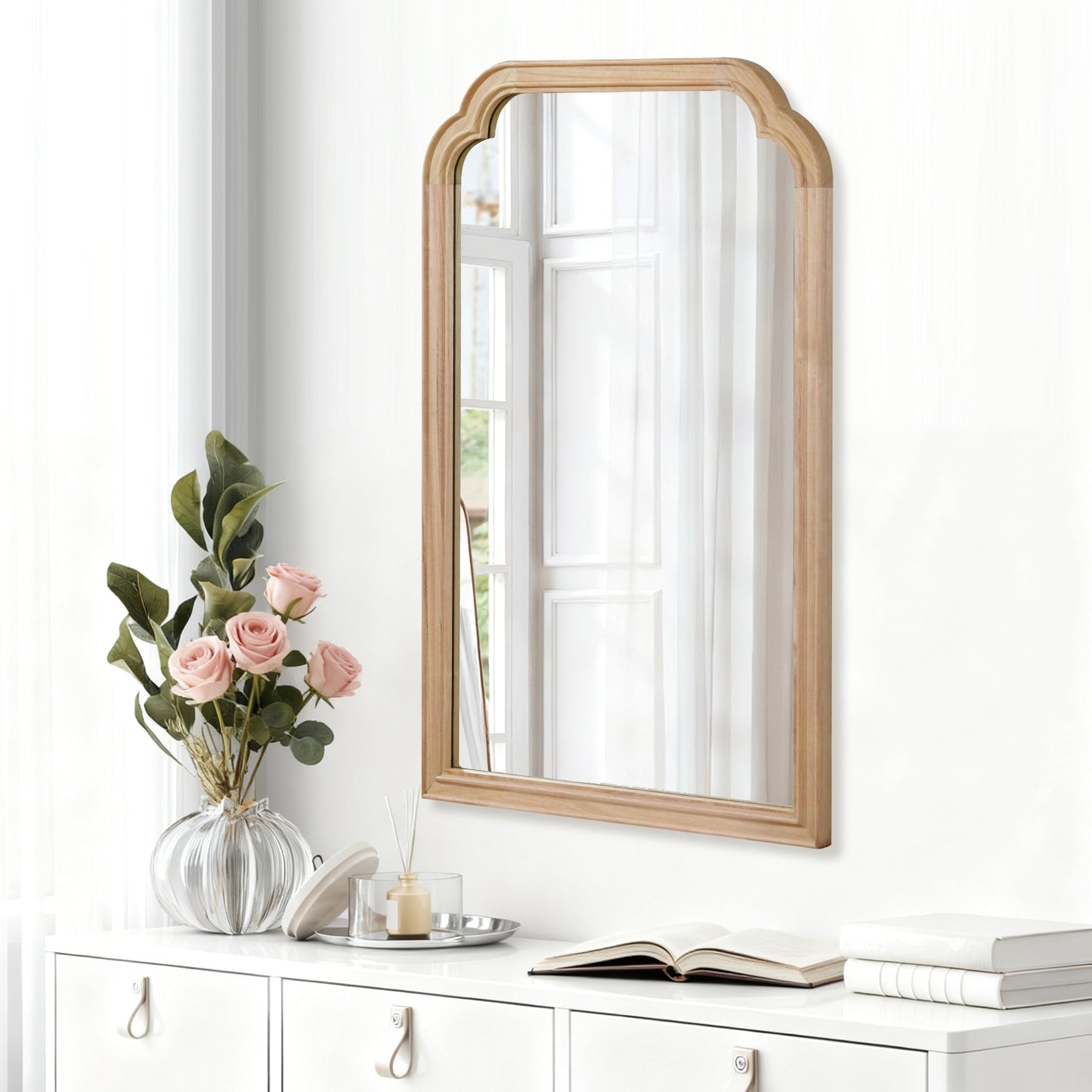 VanityFus 30-in W 20-in H Arch Natural Wood Framed Beveled Bathroom Vanity Mirror Wall Mirror