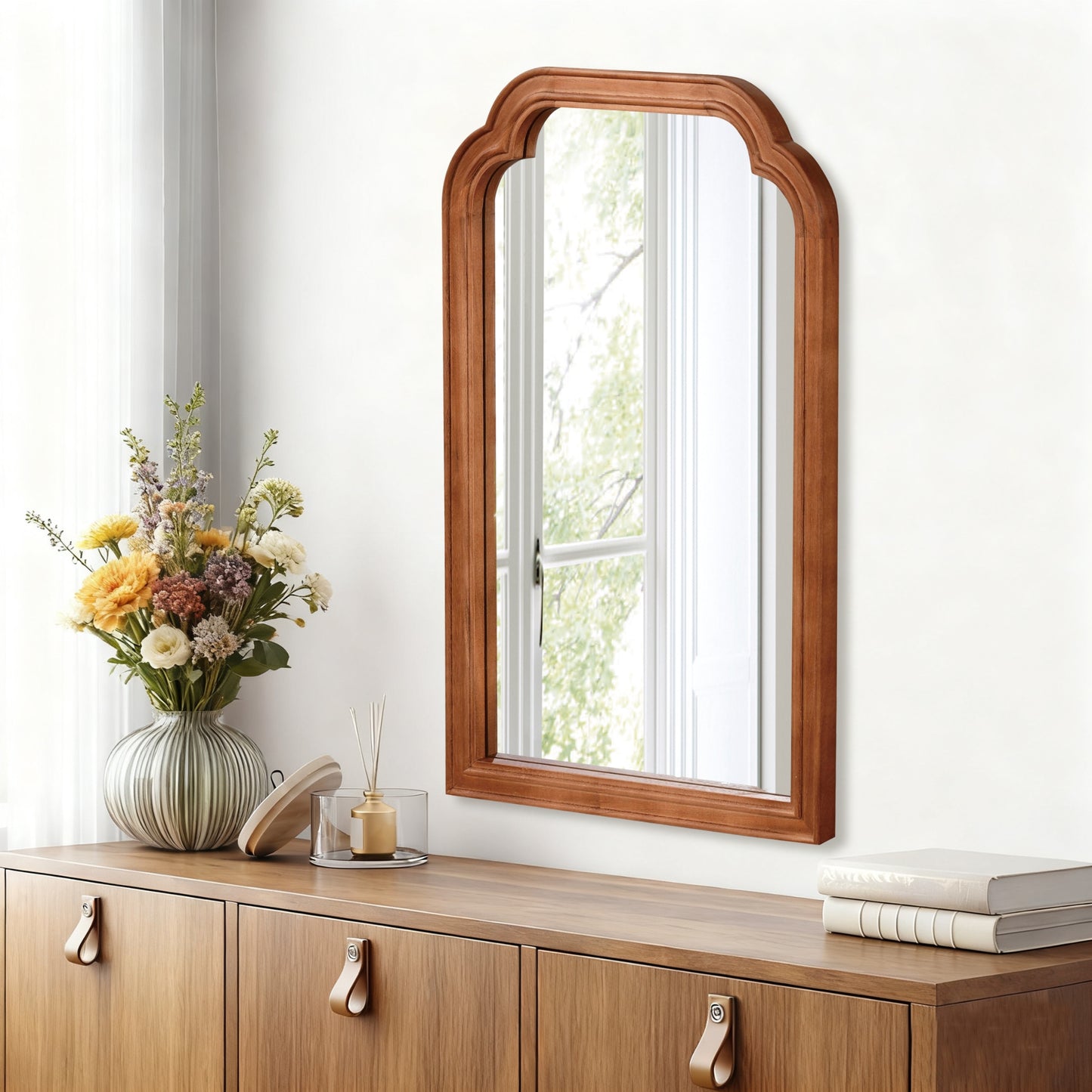 VanityFus 30-in W 20-in H Arch Yellowish-Brown Framed Beveled Bathroom Vanity Mirror Wall Mirror