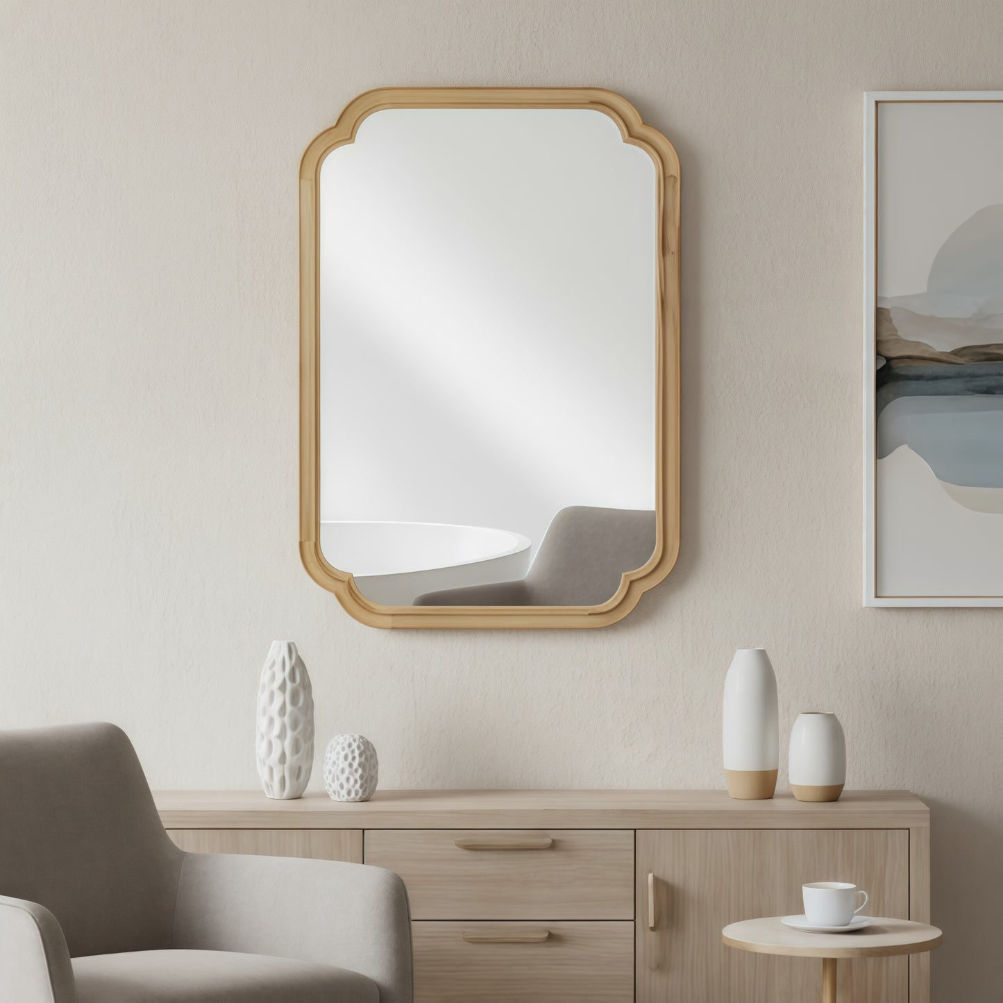 VanityFus 30-in W 20-in H Oval Natural Wood Framed Beveled Bathroom Vanity Mirror Wall Mirror
