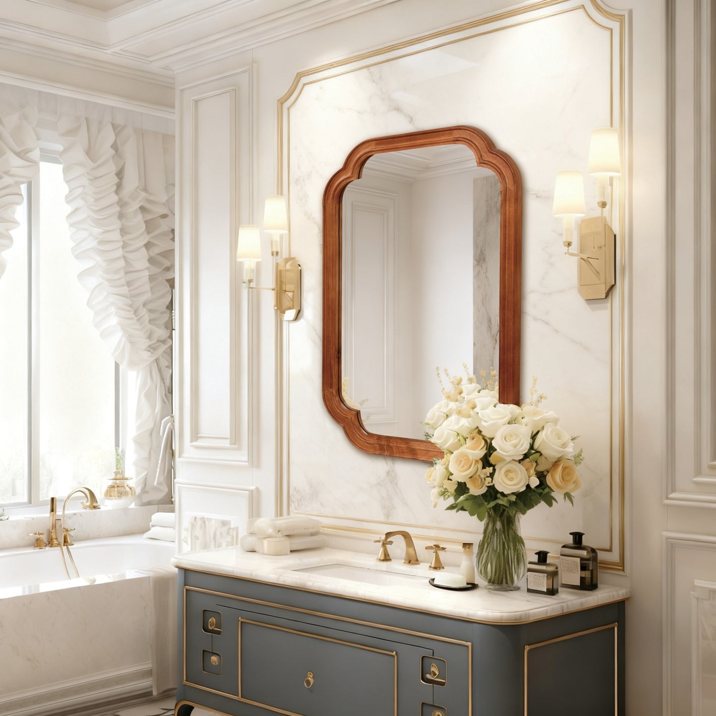 VanityFus 30-in W 20-in H Oval Yellowish-Brown Framed Beveled Bathroom Vanity Mirror Wall Mirror