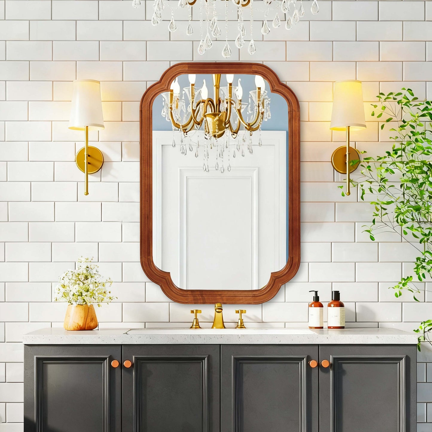 VanityFus 36-in W 24-in H Oval Natural Wood Framed Beveled Bathroom Vanity Mirror Wall Mirror