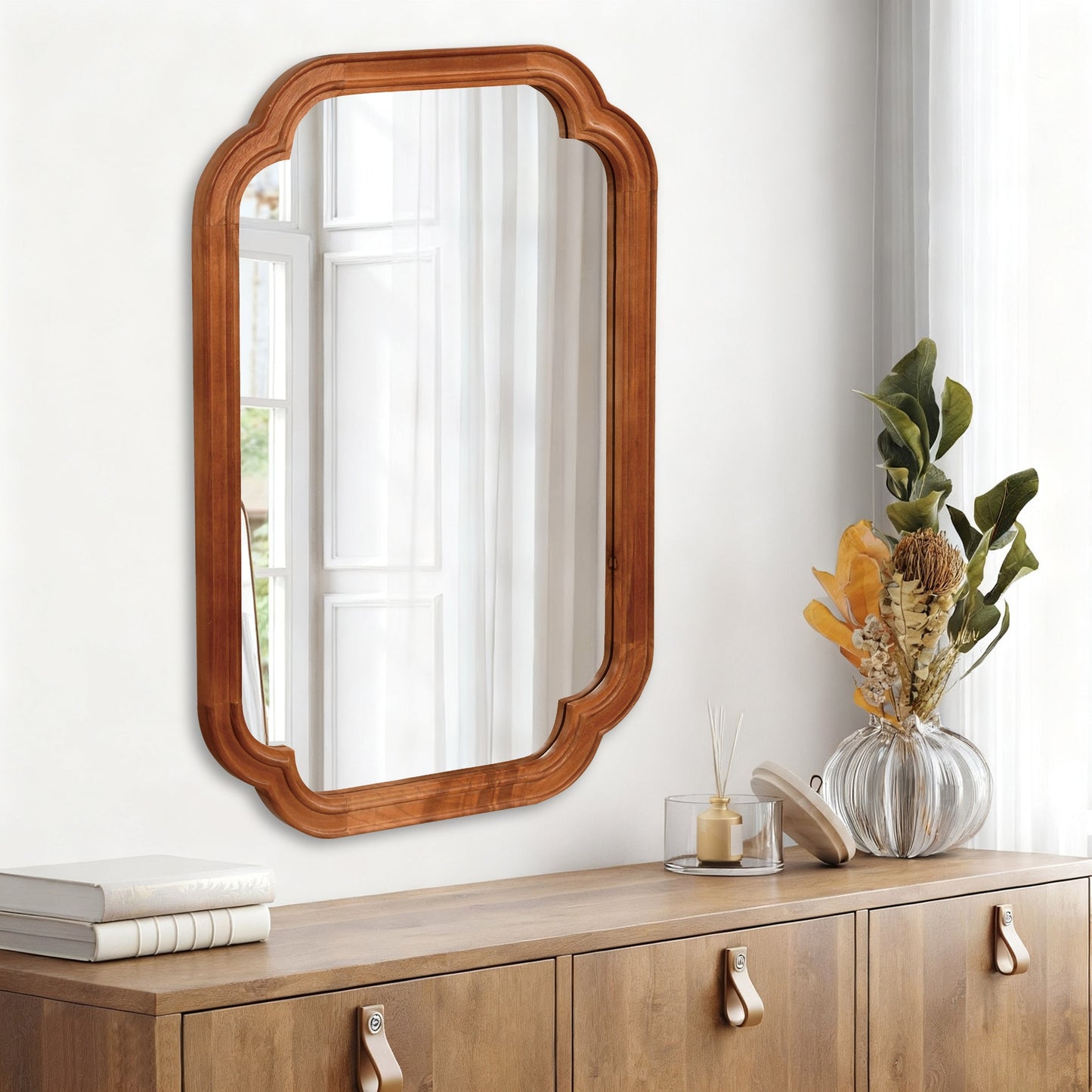 VanityFus 36-in W 24-in H Oval Natural Wood Framed Beveled Bathroom Vanity Mirror Wall Mirror