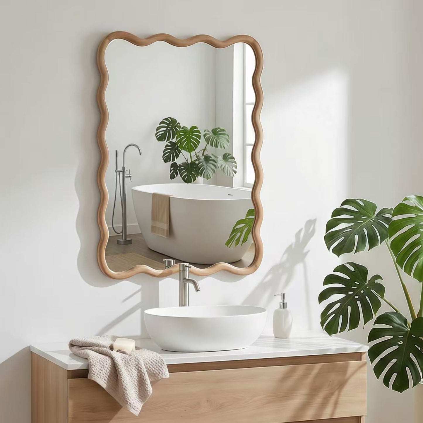 VanityFus 30-in W 20-in H Wavy Rectangle Natural Wood Framed Beveled Bathroom Vanity Mirror Wall Mirror