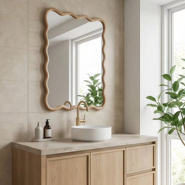 VanityFus 30-in W 20-in H Wavy Rectangle Natural Wood Framed Beveled Bathroom Vanity Mirror Wall Mirror