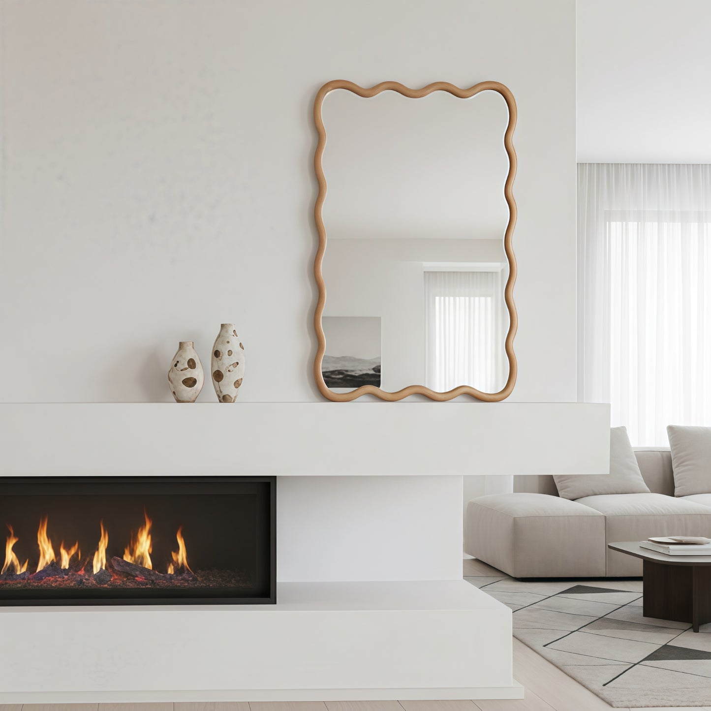 VanityFus 30-in W 20-in H Wavy Rectangle Natural Wood Framed Beveled Bathroom Vanity Mirror Wall Mirror