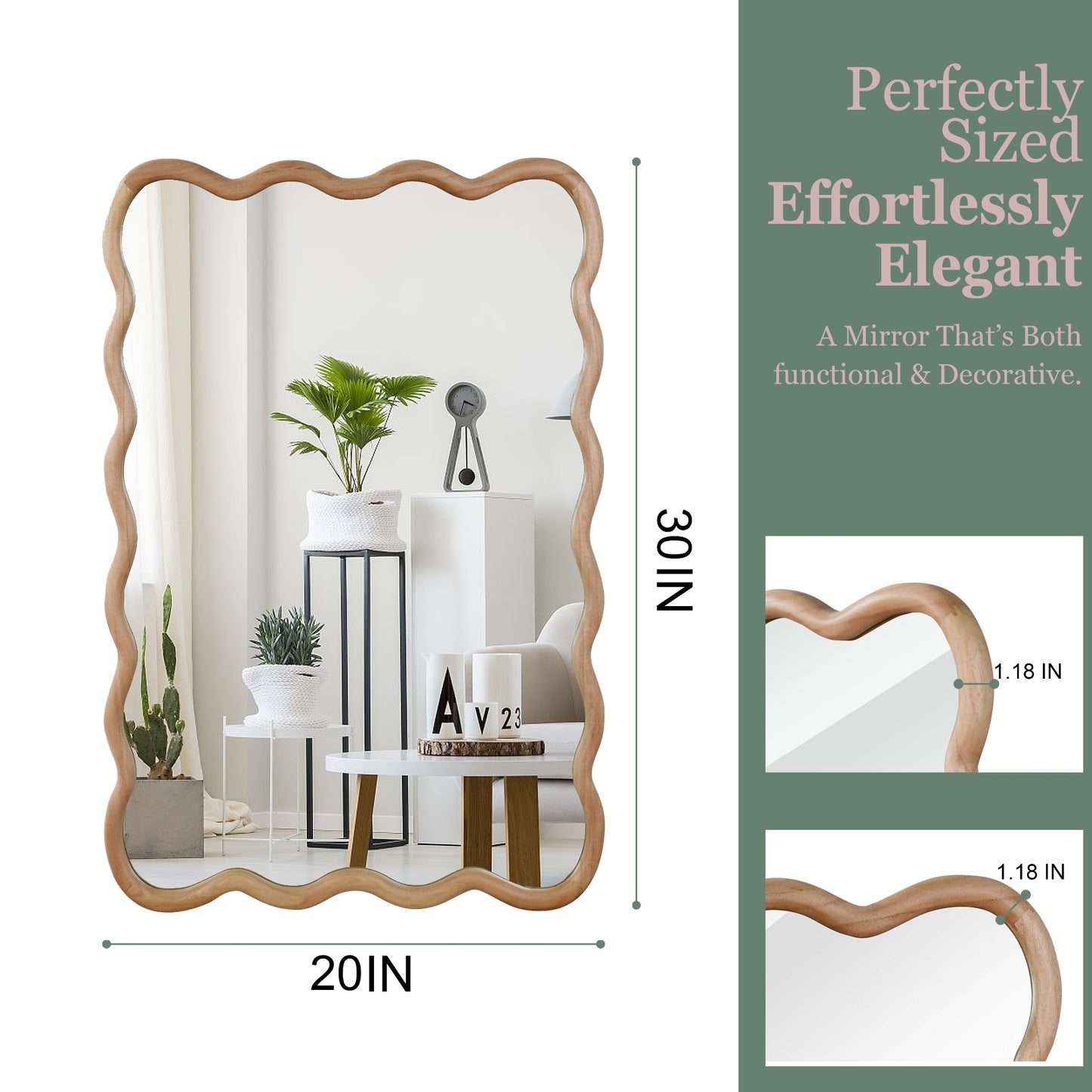 VanityFus 30-in W 20-in H Wavy Rectangle Natural Wood Framed Beveled Bathroom Vanity Mirror Wall Mirror