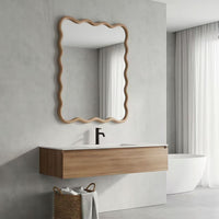 VanityFus 30-in W 20-in H Wavy Rectangle Natural Wood Framed Beveled Bathroom Vanity Mirror Wall Mirror