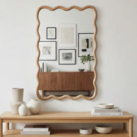 VanityFus 30-in W 20-in H Wavy Rectangle Natural Wood Framed Beveled Bathroom Vanity Mirror Wall Mirror