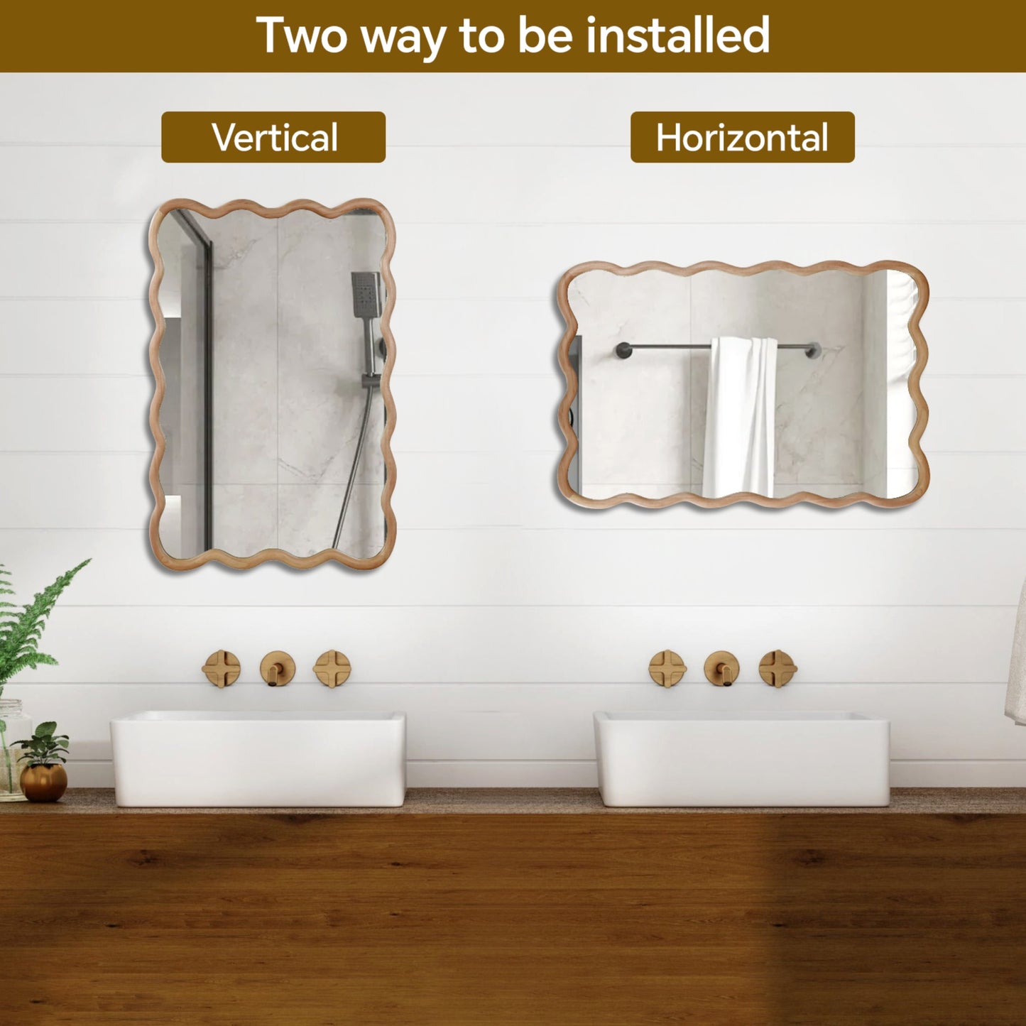 VanityFus 30-in W 20-in H Wavy Rectangle Natural Wood Framed Beveled Bathroom Vanity Mirror Wall Mirror