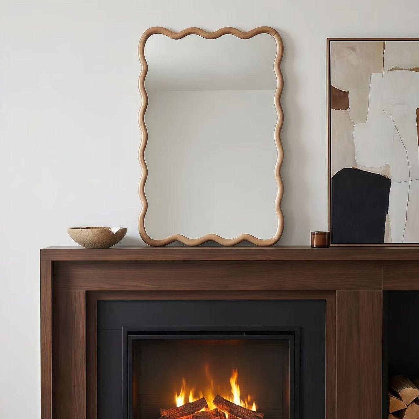 VanityFus 30-in W 20-in H Wavy Rectangle Natural Wood Framed Beveled Bathroom Vanity Mirror Wall Mirror