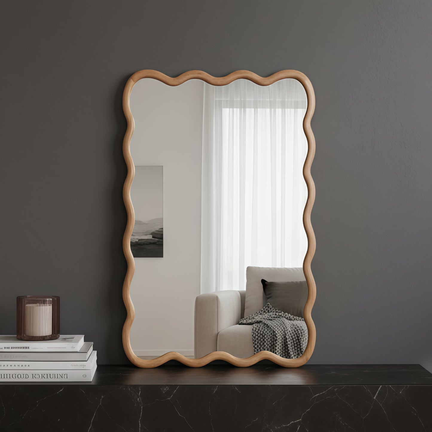 VanityFus 30-in W 20-in H Wavy Rectangle Natural Wood Framed Beveled Bathroom Vanity Mirror Wall Mirror