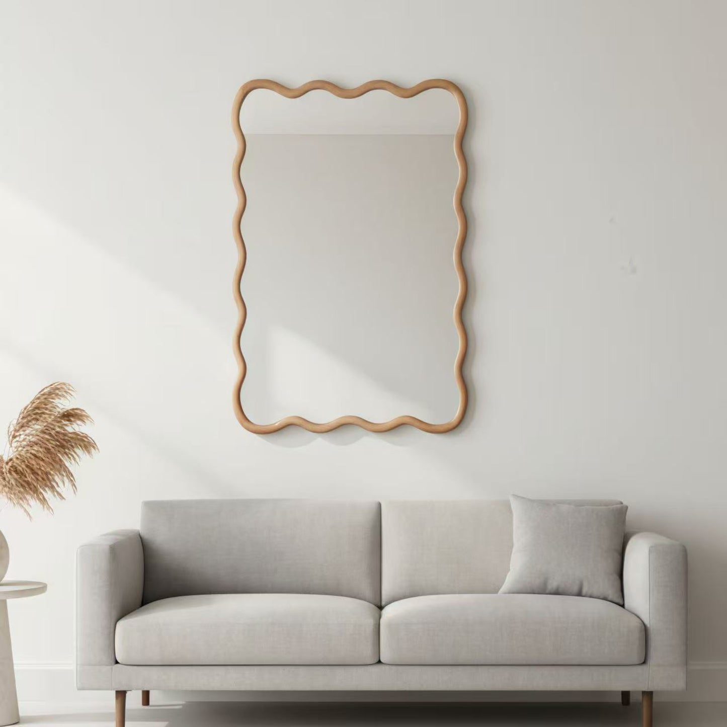 VanityFus 30-in W 20-in H Wavy Rectangle Natural Wood Framed Beveled Bathroom Vanity Mirror Wall Mirror