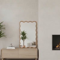 VanityFus 30-in W 20-in H Wavy Rectangle Natural Wood Framed Beveled Bathroom Vanity Mirror Wall Mirror