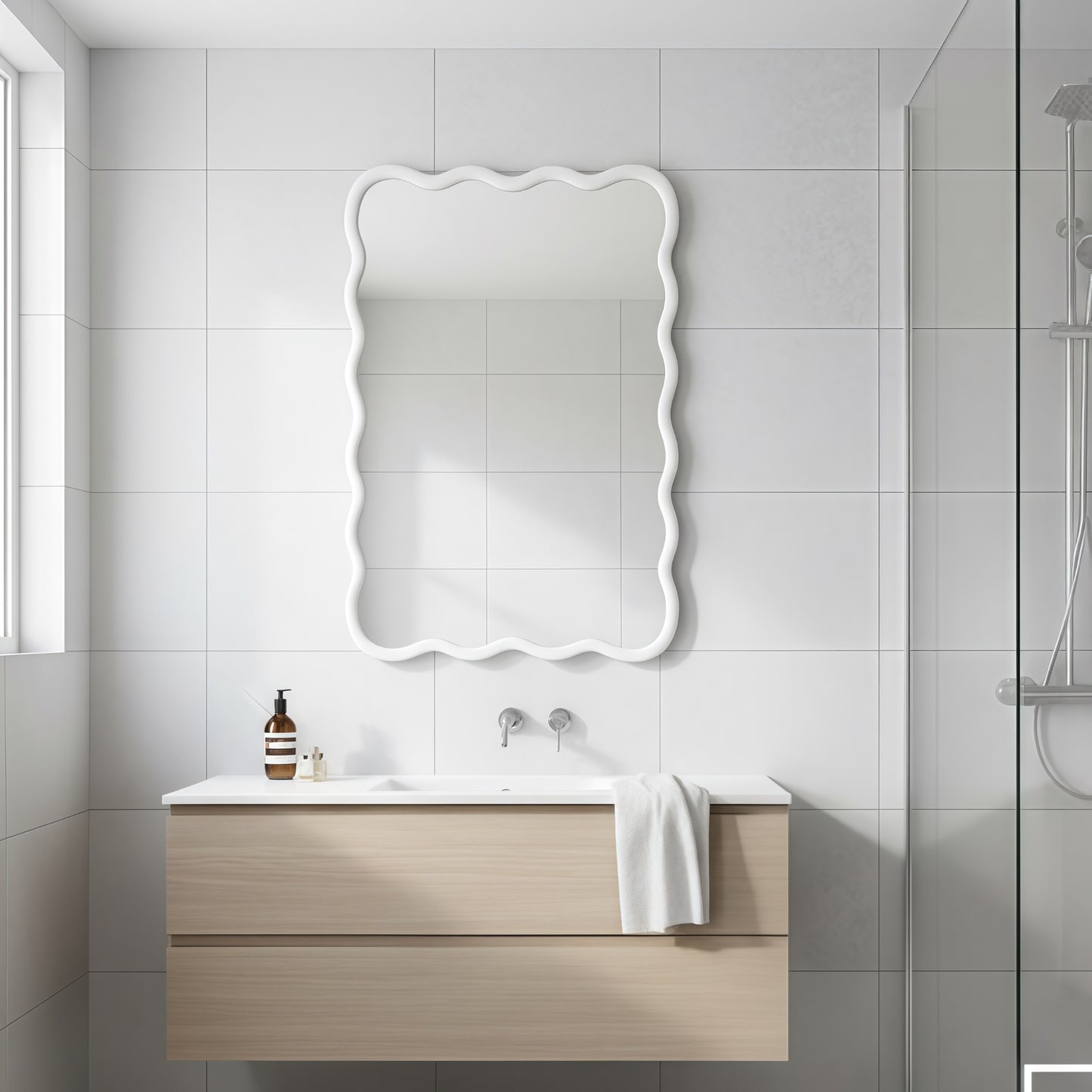 VanityFus 30-in W 20-in H Wavy Rectangle White Framed Beveled Bathroom Vanity Mirror Wall Mirror