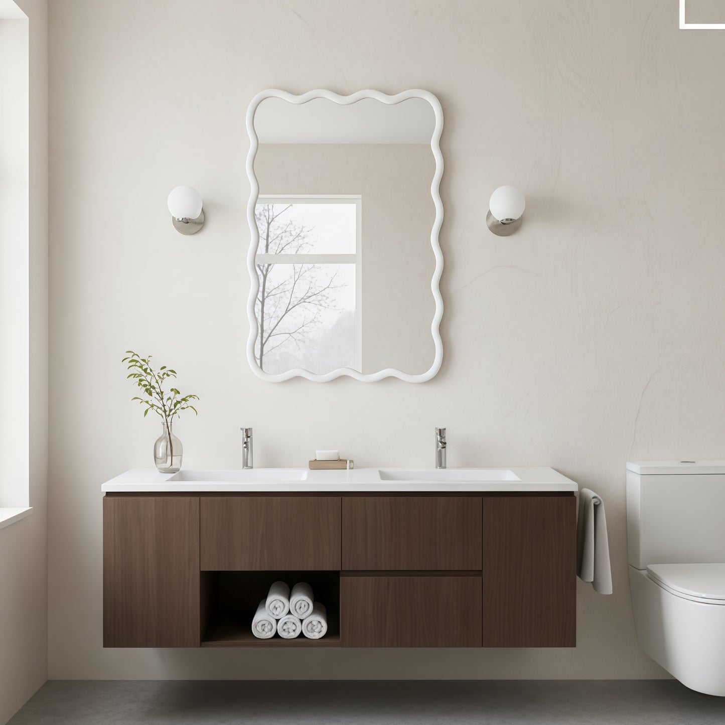 VanityFus 30-in W 20-in H Wavy Rectangle White Framed Beveled Bathroom Vanity Mirror Wall Mirror
