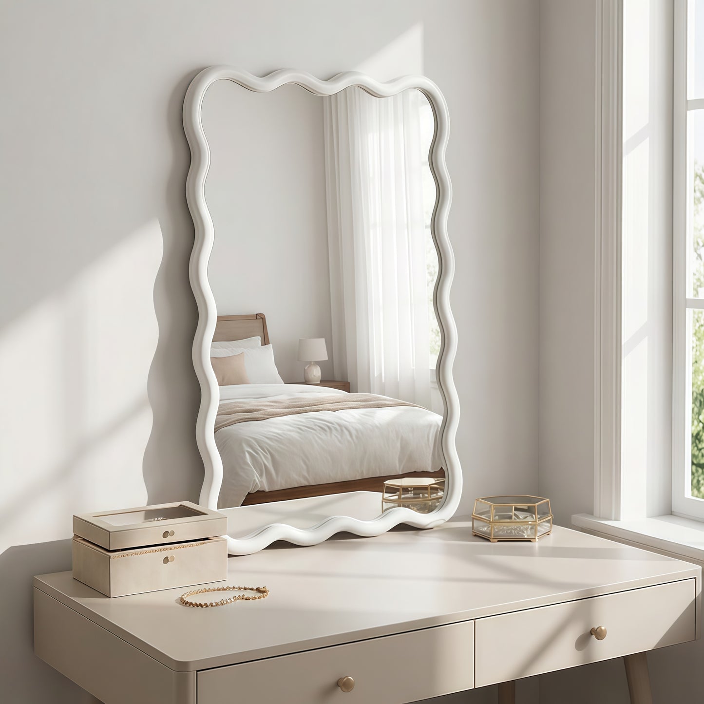VanityFus 30-in W 20-in H Wavy Rectangle White Framed Beveled Bathroom Vanity Mirror Wall Mirror