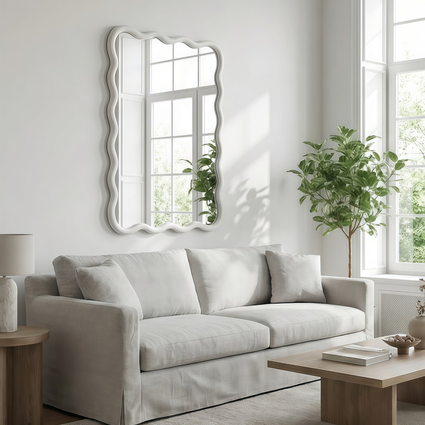 VanityFus 30-in W 20-in H Wavy Rectangle White Framed Beveled Bathroom Vanity Mirror Wall Mirror