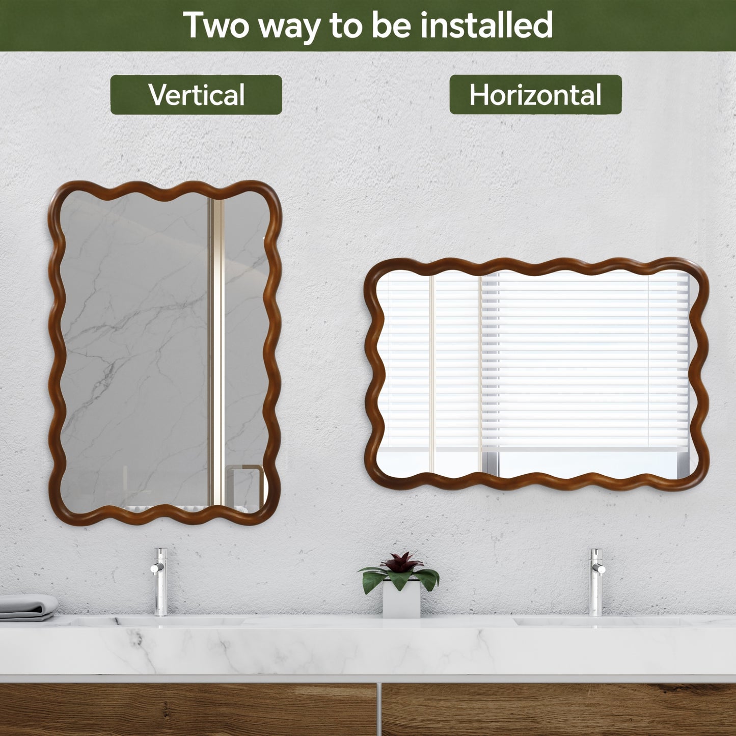 VanityFus 30-in W 20-in H Wavy Rectangle Dark Walnut Framed Beveled Bathroom Vanity Mirror Wall Mirror