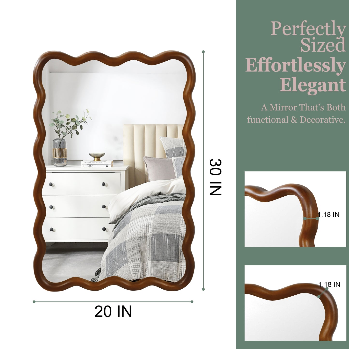 VanityFus 30-in W 20-in H Wavy Rectangle Dark Walnut Framed Beveled Bathroom Vanity Mirror Wall Mirror