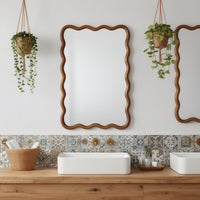 VanityFus 30-in W 20-in H Wavy Rectangle Dark Walnut Framed Beveled Bathroom Vanity Mirror Wall Mirror