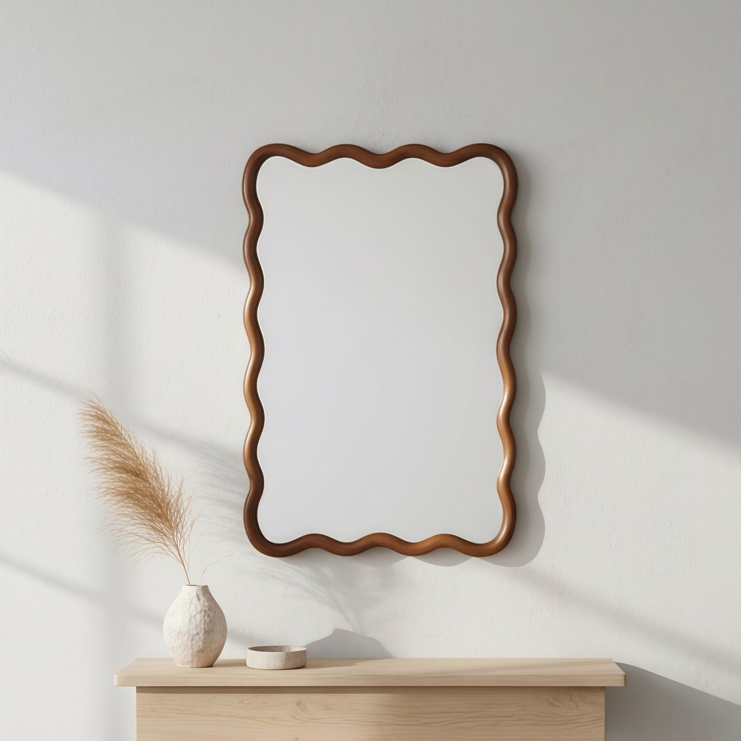 VanityFus 30-in W 20-in H Wavy Rectangle Dark Walnut Framed Beveled Bathroom Vanity Mirror Wall Mirror