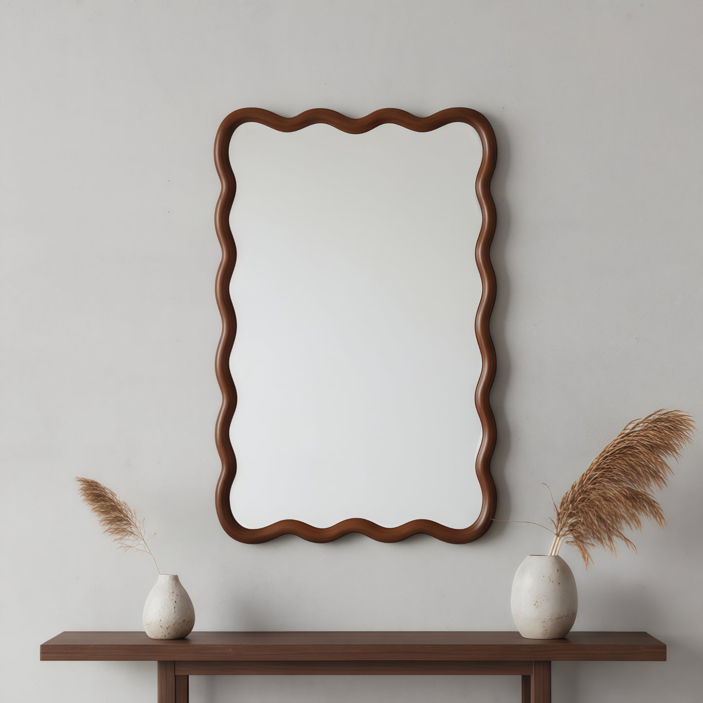 VanityFus 30-in W 20-in H Wavy Rectangle Dark Walnut Framed Beveled Bathroom Vanity Mirror Wall Mirror