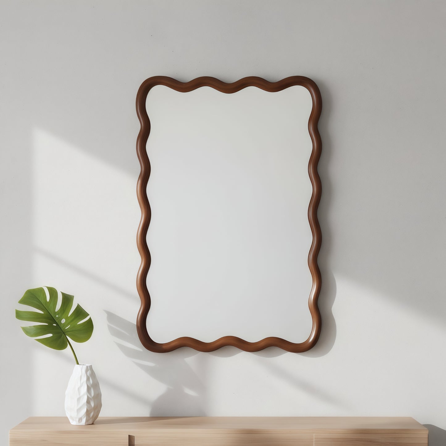 VanityFus 30-in W 20-in H Wavy Rectangle Dark Walnut Framed Beveled Bathroom Vanity Mirror Wall Mirror