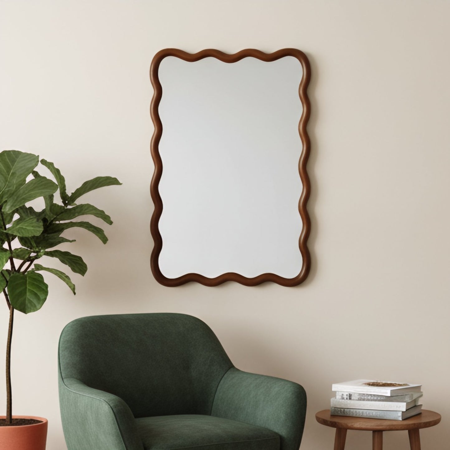 VanityFus 30-in W 20-in H Wavy Rectangle Dark Walnut Framed Beveled Bathroom Vanity Mirror Wall Mirror