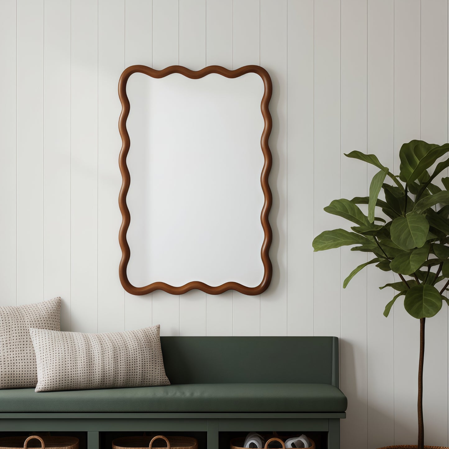 VanityFus 30-in W 20-in H Wavy Rectangle Dark Walnut Framed Beveled Bathroom Vanity Mirror Wall Mirror