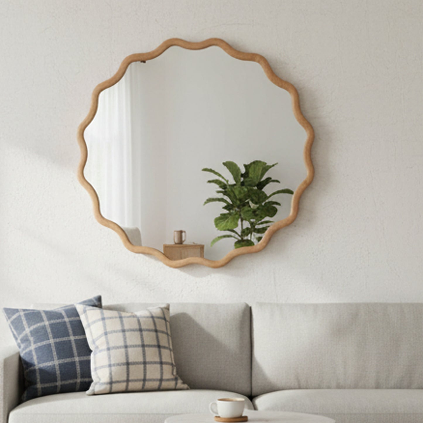 VanityFus 24-in W 24-in H Wavy Round Natural Wood Framed Beveled Bathroom Vanity Mirror Wall Mirror