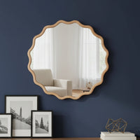 VanityFus 24-in W 24-in H Wavy Round Natural Wood Framed Beveled Bathroom Vanity Mirror Wall Mirror