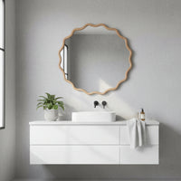 VanityFus 24-in W 24-in H Wavy Round Natural Wood Framed Beveled Bathroom Vanity Mirror Wall Mirror