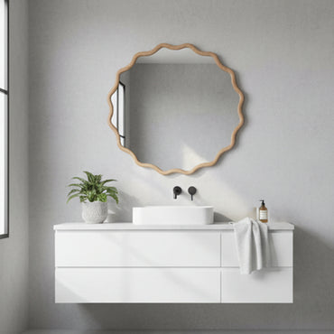 VanityFus 24-in W 24-in H Wavy Round Natural Wood Framed Beveled Bathroom Vanity Mirror Wall Mirror