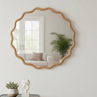 VanityFus 24-in W 24-in H Wavy Round Natural Wood Framed Beveled Bathroom Vanity Mirror Wall Mirror