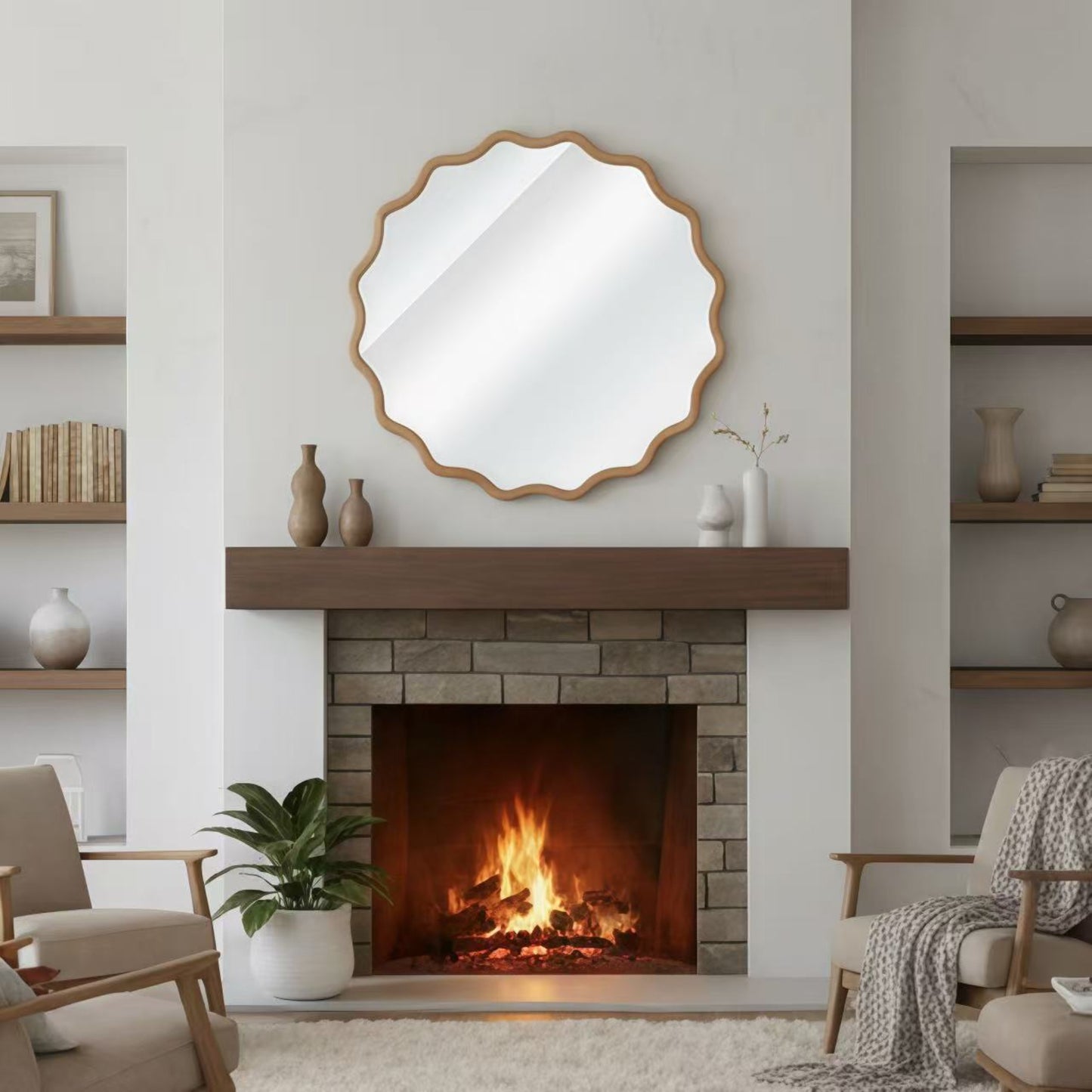 VanityFus 24-in W 24-in H Wavy Round Natural Wood Framed Beveled Bathroom Vanity Mirror Wall Mirror