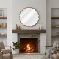VanityFus 24-in W 24-in H Wavy Round Natural Wood Framed Beveled Bathroom Vanity Mirror Wall Mirror