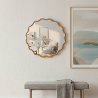VanityFus 24-in W 24-in H Wavy Round Natural Wood Framed Beveled Bathroom Vanity Mirror Wall Mirror